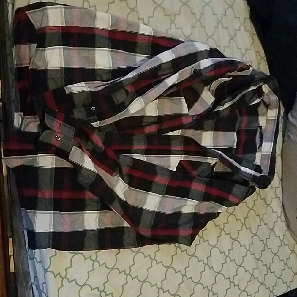 Red,white, and black button up polo